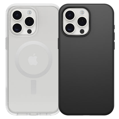 IPhone 15 Pro Max covers, gennemsigtig MagSafe med Apple-logo og ring, samt sort cover, begge med trippelt kamerahul.