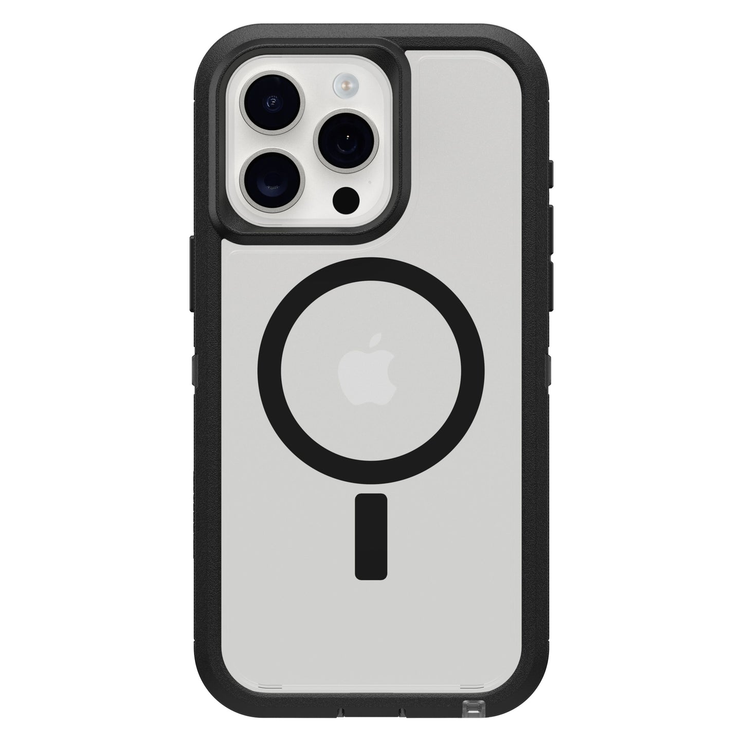 IPhone 15 Pro Max med Otterbox Defender XT Dark Side Robust cover, stor cirkulær MagSafe-symbol og linje ved Apple-logo.