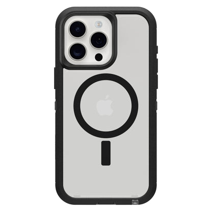 IPhone 15 Pro Max med Otterbox Defender XT Dark Side Robust cover, stor cirkulær MagSafe-symbol og linje ved Apple-logo.
