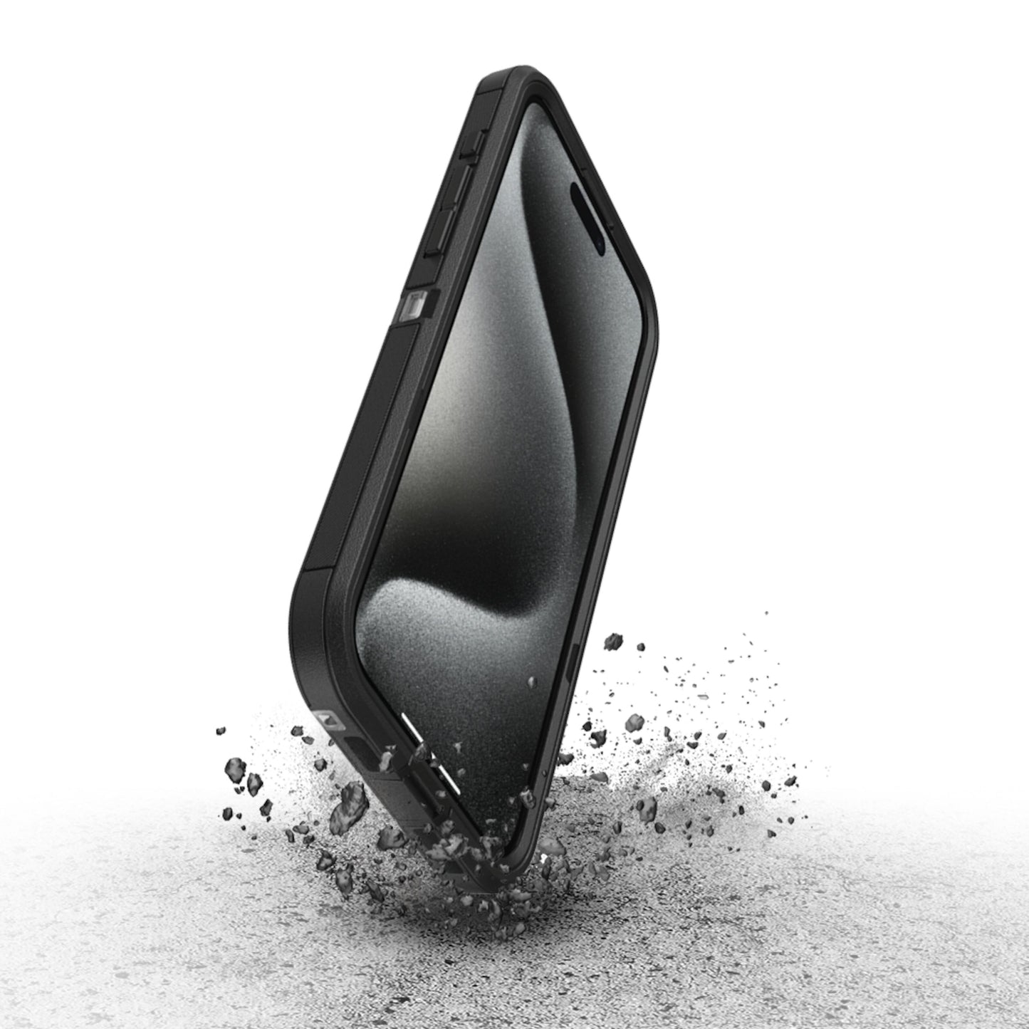Otterbox Defender XT Dark Side cover til iPhone 15 Pro Max stødabsorberende design ses ved hjørnefald med støv og snavs.