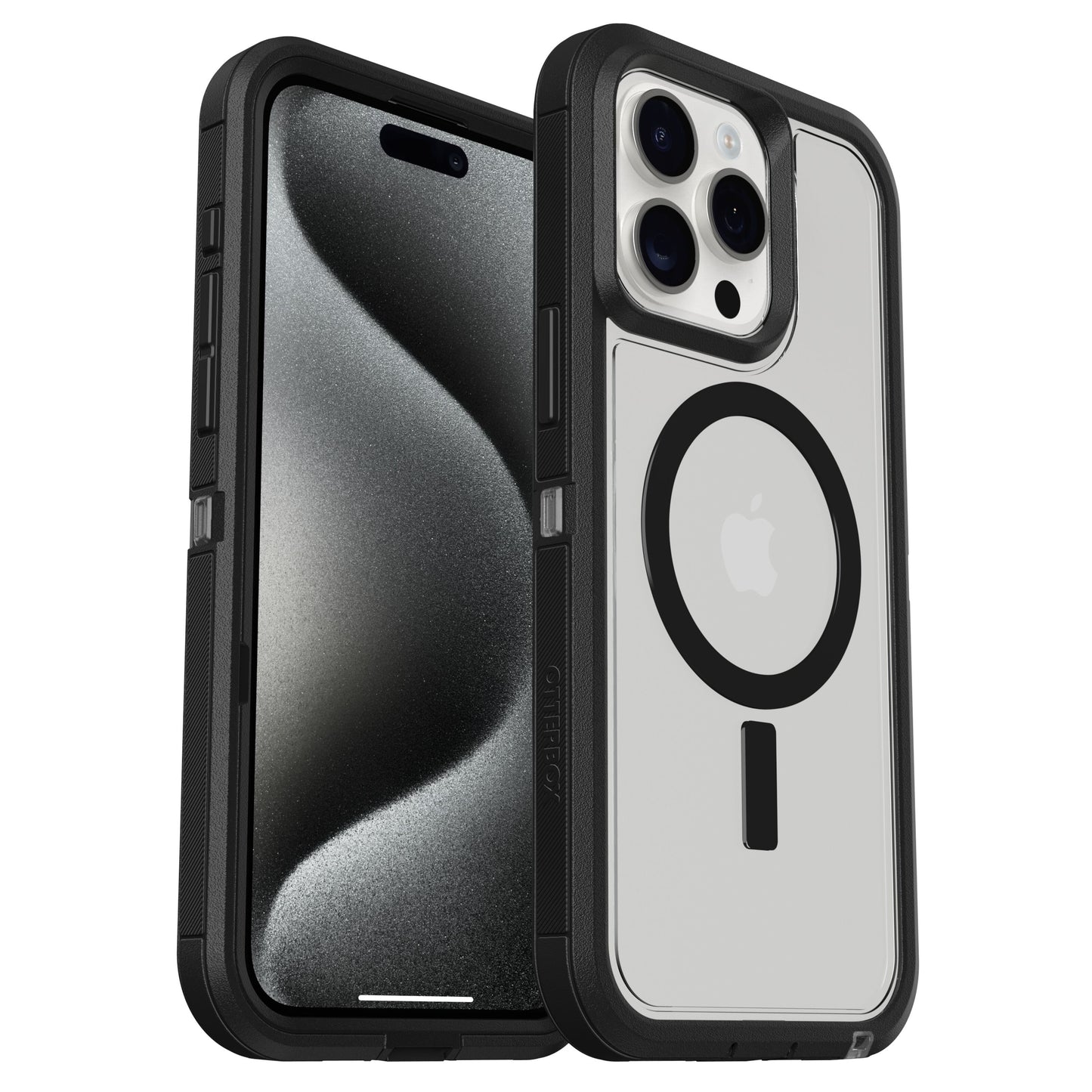 IPhone 15 Pro Max i Otterbox Defender XT Dark Side Robust cover, en vis skærm, en bagside med MagSafe-ring og Apple-logo.