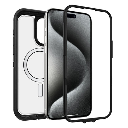 IPhone 15 Pro Max sort med S-formet tapet mellem sort Defender XT Robust cover og transparent skærmbeskyttelse med sorte kanter.