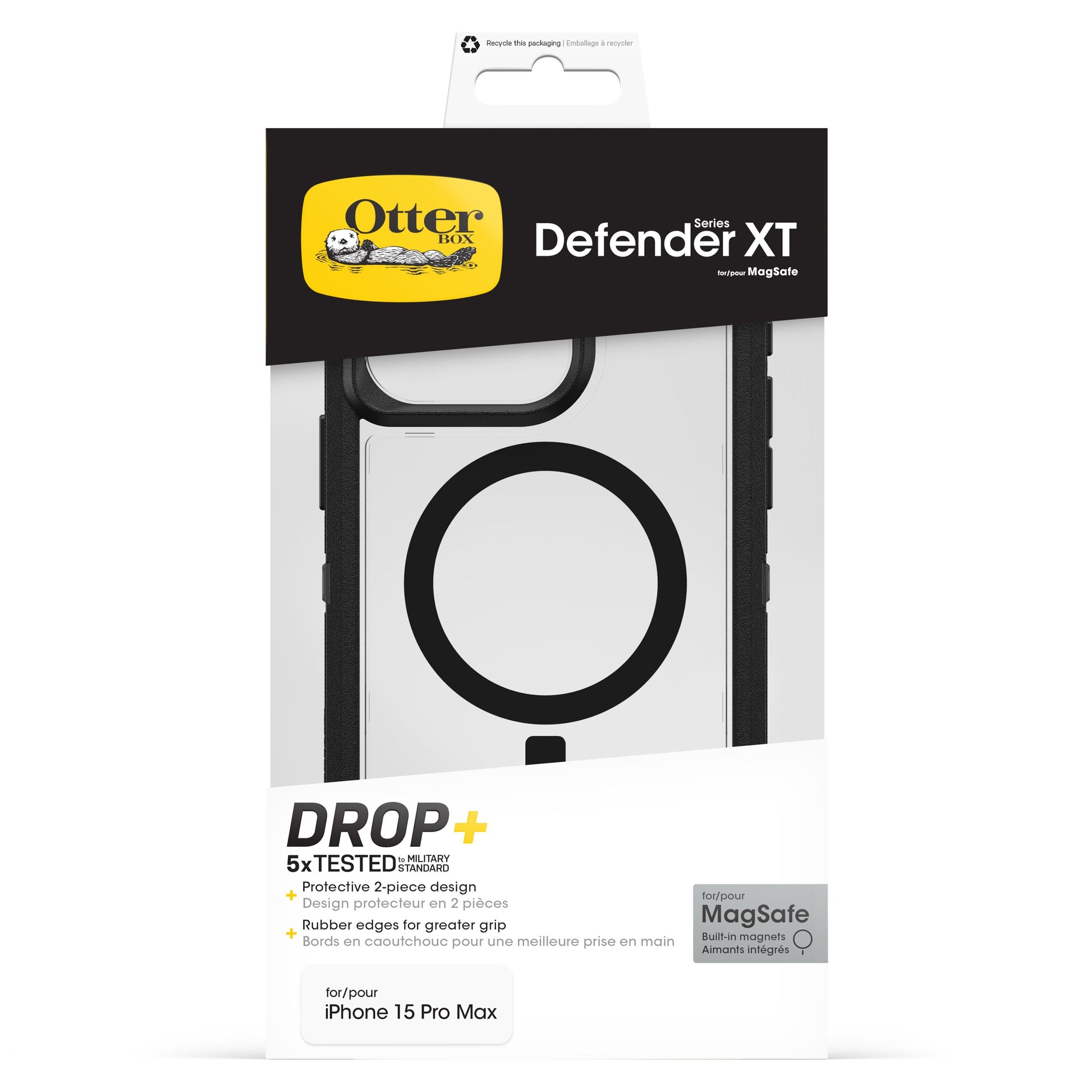 Otterbox Defender XT Dark Side cover til iPhone 15 Pro Max, MagSafe, Drop+ beskyttelse, sort/hvid æske, produktinfo synlig.