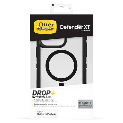 Otterbox Defender XT Dark Side cover til iPhone 15 Pro Max, MagSafe, Drop+ beskyttelse, sort/hvid æske, produktinfo synlig.