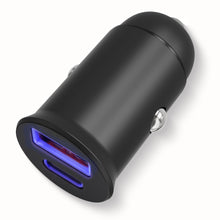 Linocell 45W biloplader PD GaN sort med USB-A og USB-C porte oplyst med blåt lys, set fra vinkel.