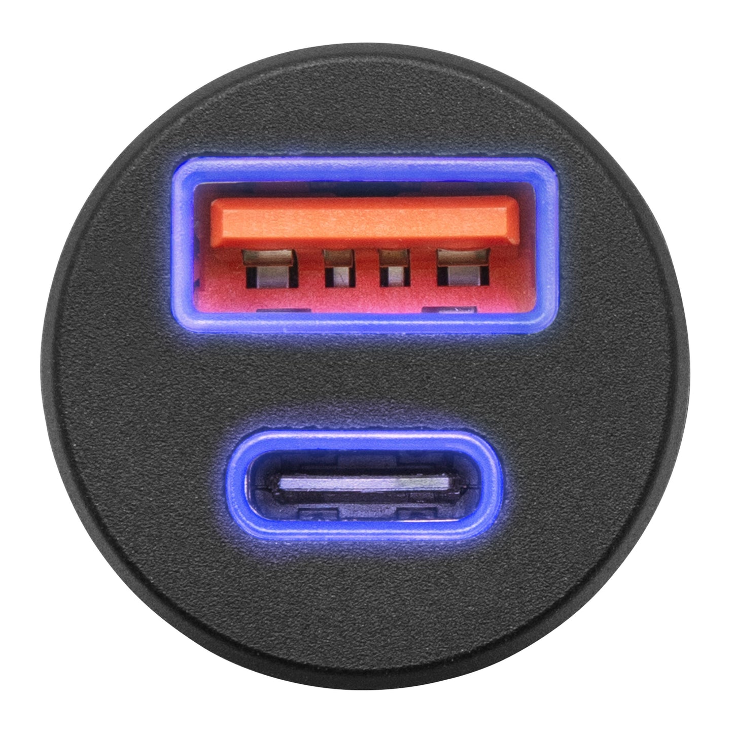 Linocell 45W biloplader PD GaN rund sort, blå LED, USB-A (orange) og USB-C porte til hurtig opladning i bilen.