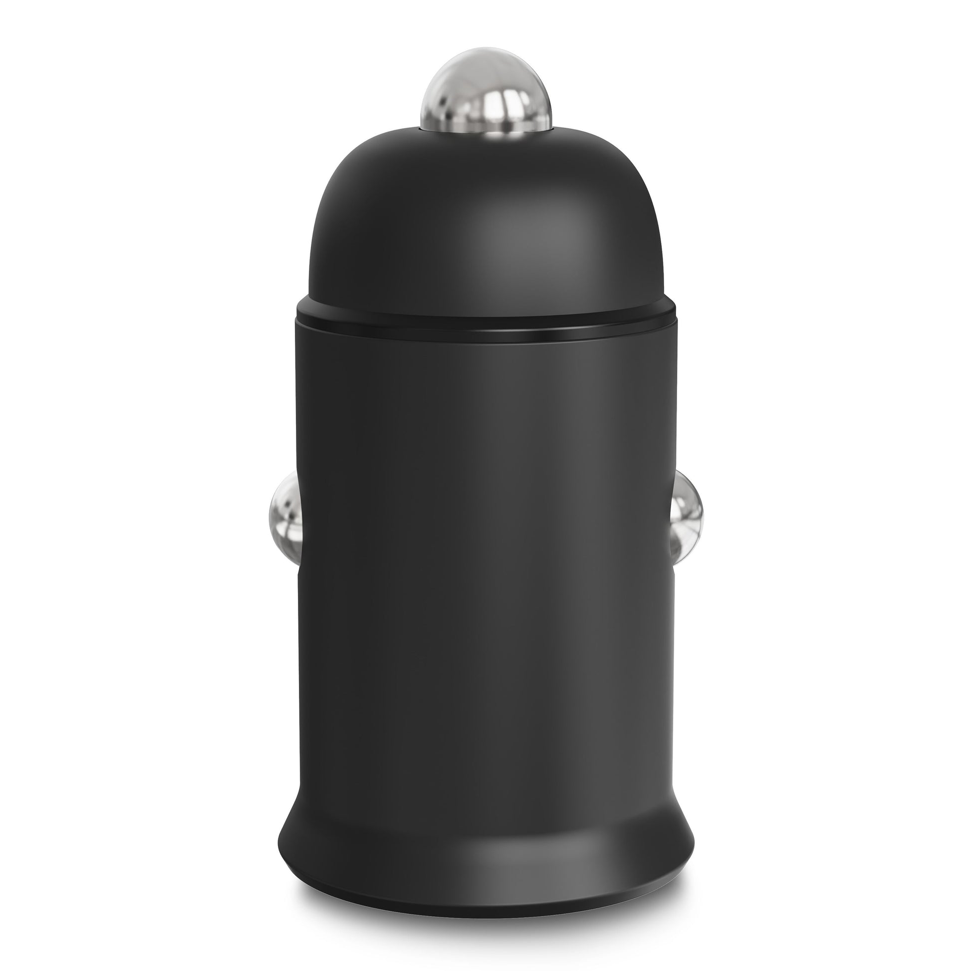 Linocell 45W biloplader PD GaN, sort cylinder med afrundet sølvlåg og to sideknapper.