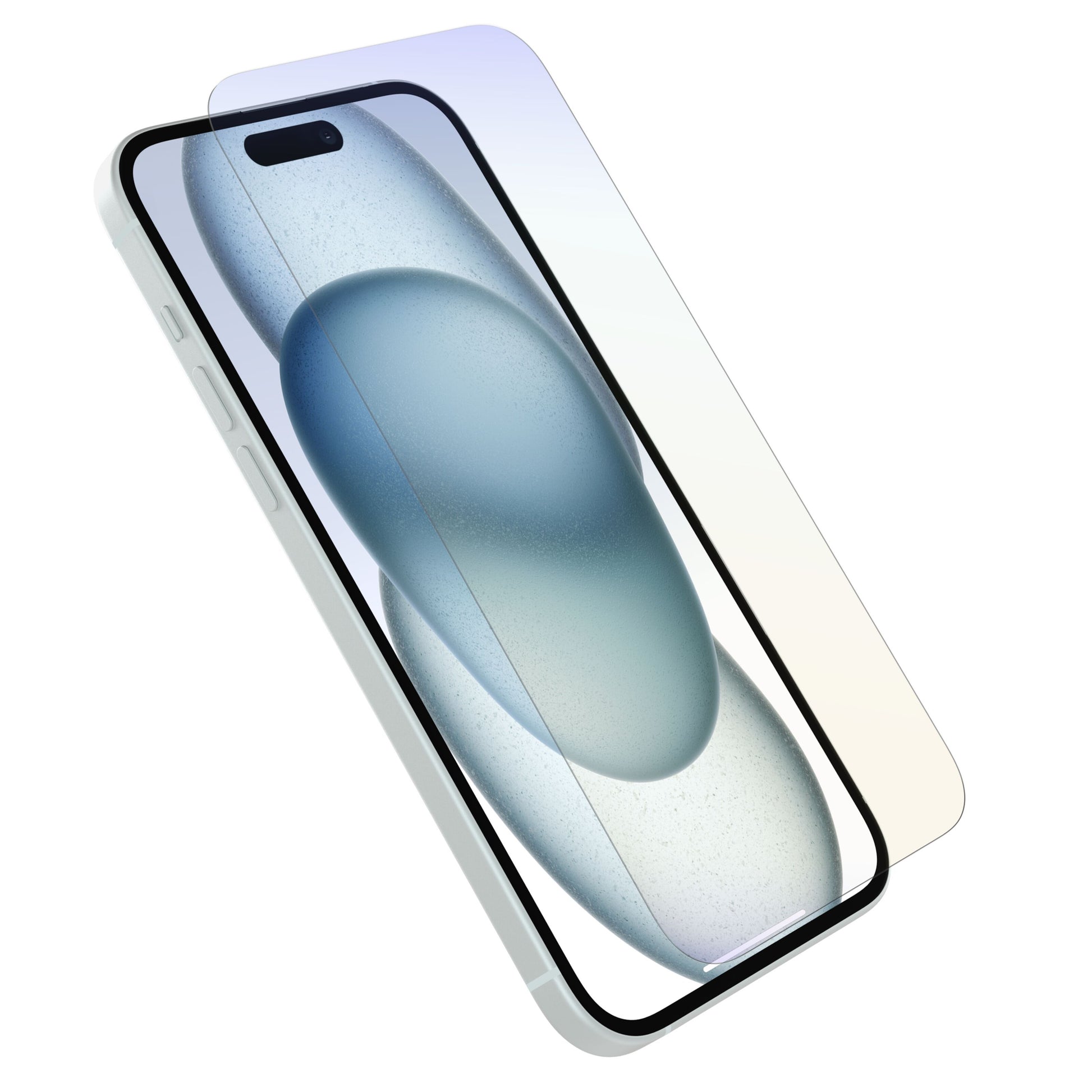 Otterbox Premium Pro Glass skærmbeskyttelse delvist løftet over iPhone 15 Plus med blå abstrakt baggrund.