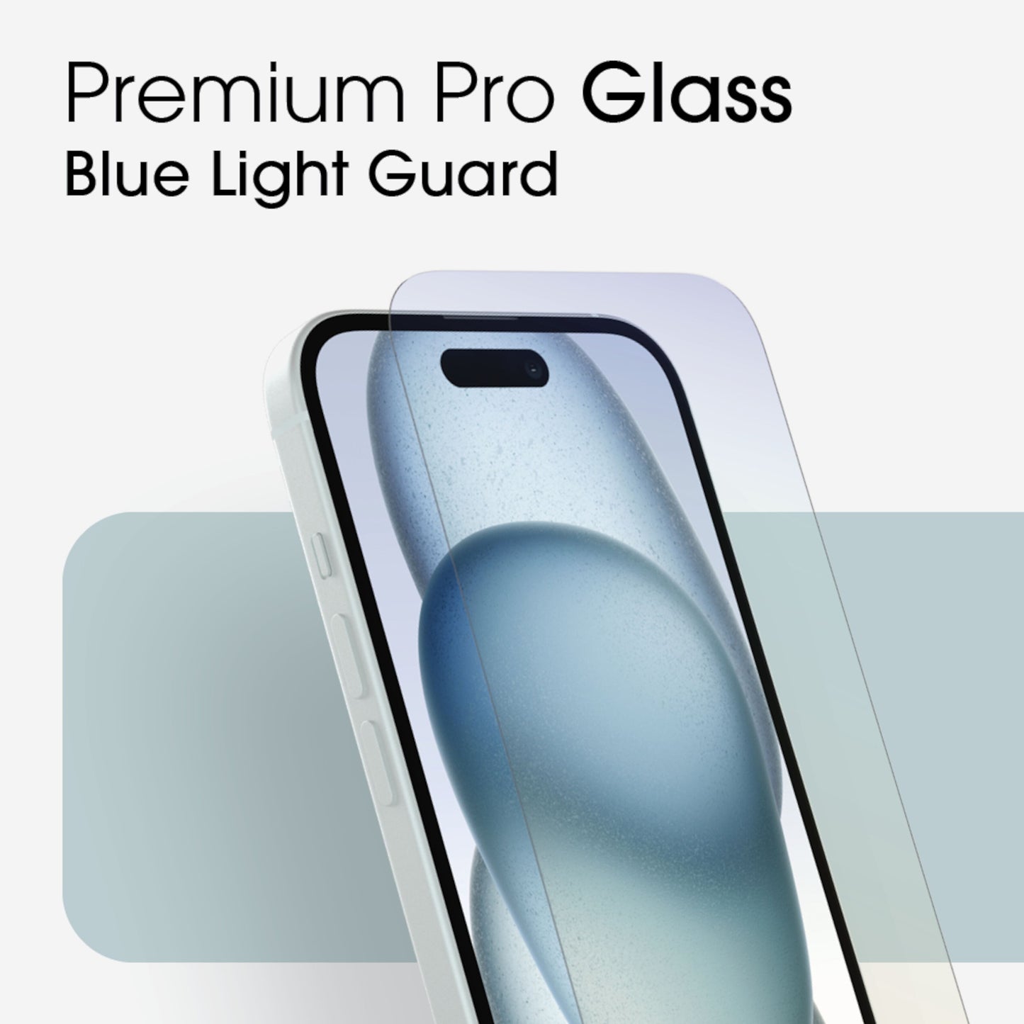 Otterbox Premium Pro Glass skærmbeskyttere til iPhone 15 Plus, delvist påført, Blue Light Guard tekst synlig.