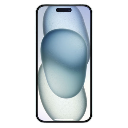 Otterbox Premium Pro Glass skærmbeskyttelse til iPhone 15 Plus på smartphone med fuldskærms blågrå baggrund.