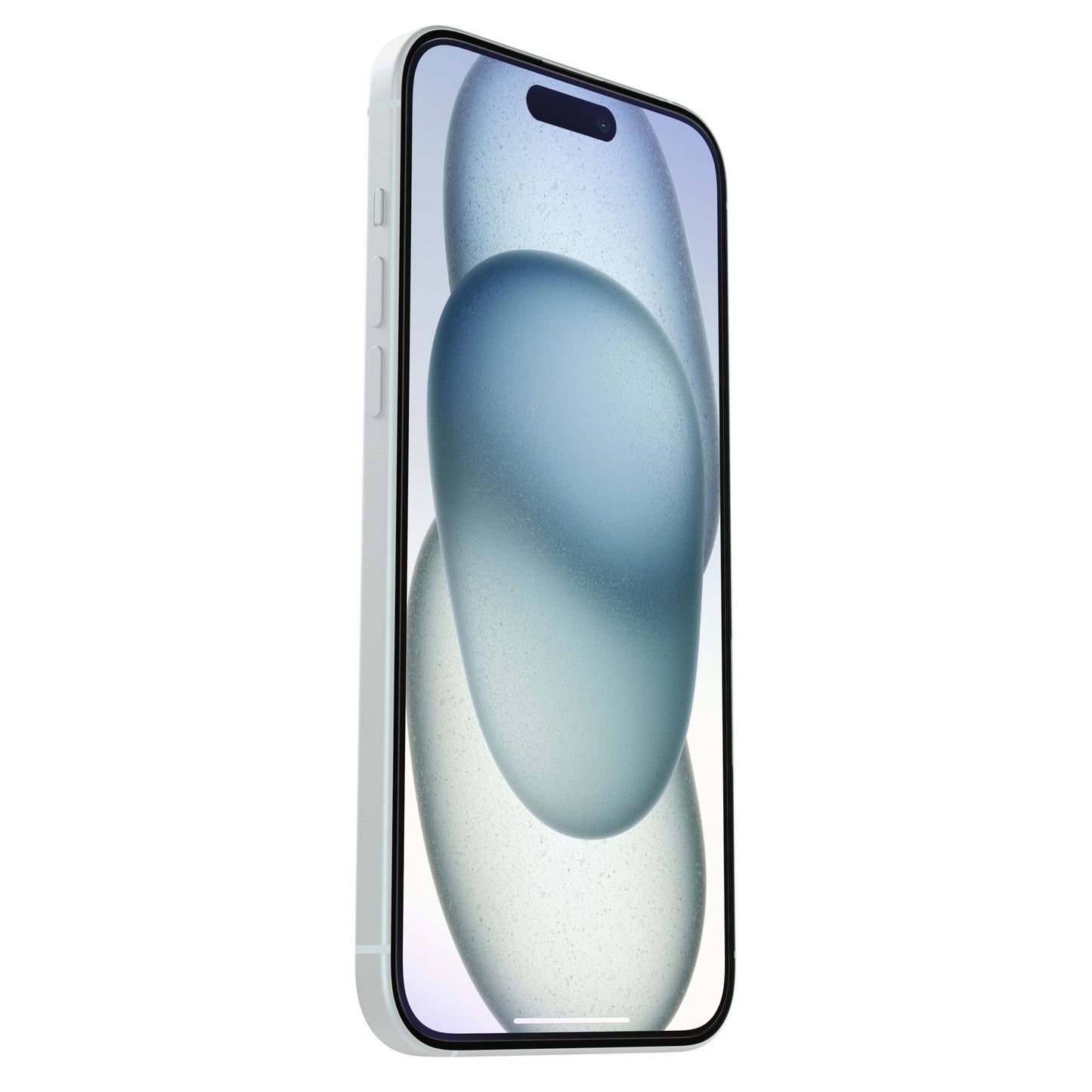 IPhone 15 Plus lys grå med abstrakt skærmbillede og Otterbox Premium Pro Glass antimikrobielt skærmbeskyttelse.