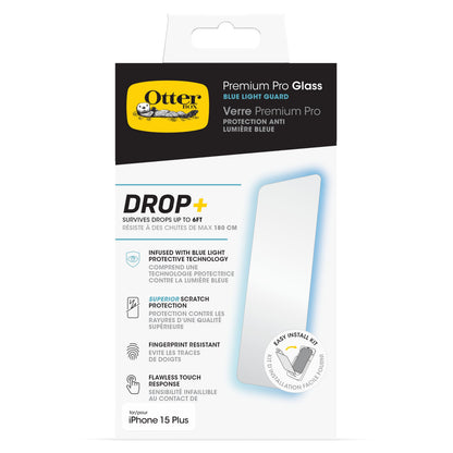 Otterbox Premium Pro Glass iPhone 15 Plus skærmbeskyttelse med DROP+, antimikrobielt lag og blåt lysfilter.