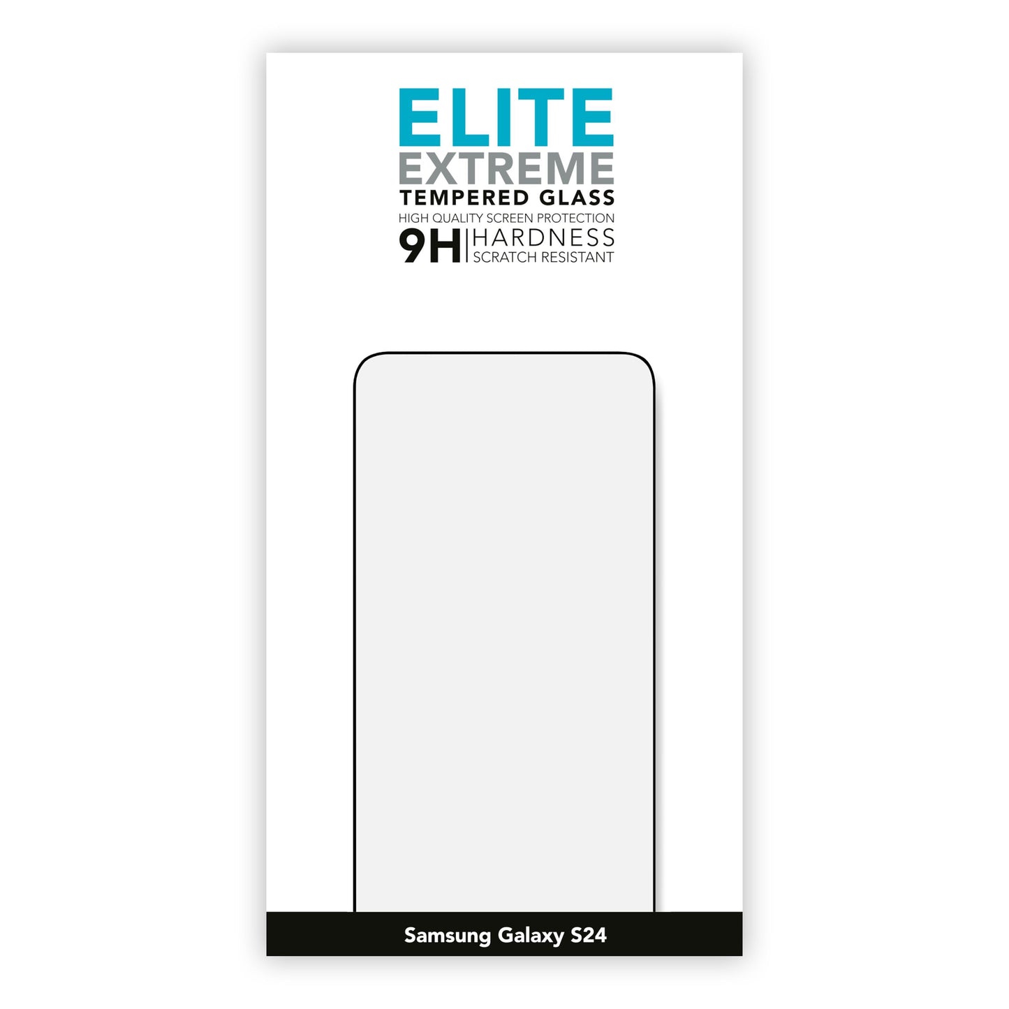 Elite Extreme skærmbeskyttelse til Galaxy S24, 9H hårdhed, ridsebeskyttelse, rektangulær ramme vises.