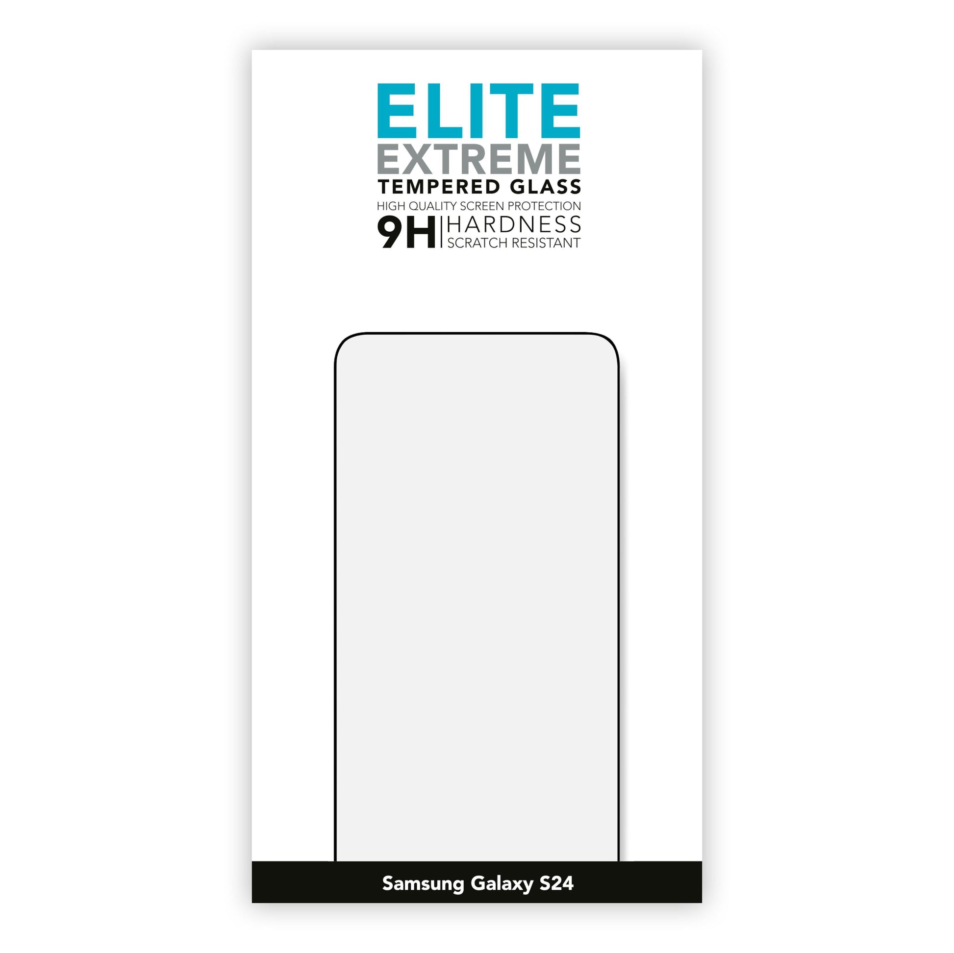 Elite Extreme skærmbeskyttelse til Galaxy S24, 9H hårdhed, ridsebeskyttelse, rektangulær ramme vises.