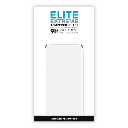 Elite Extreme skærmbeskyttelse til Galaxy S24, 9H hårdhed, ridsebeskyttelse, rektangulær ramme vises.
