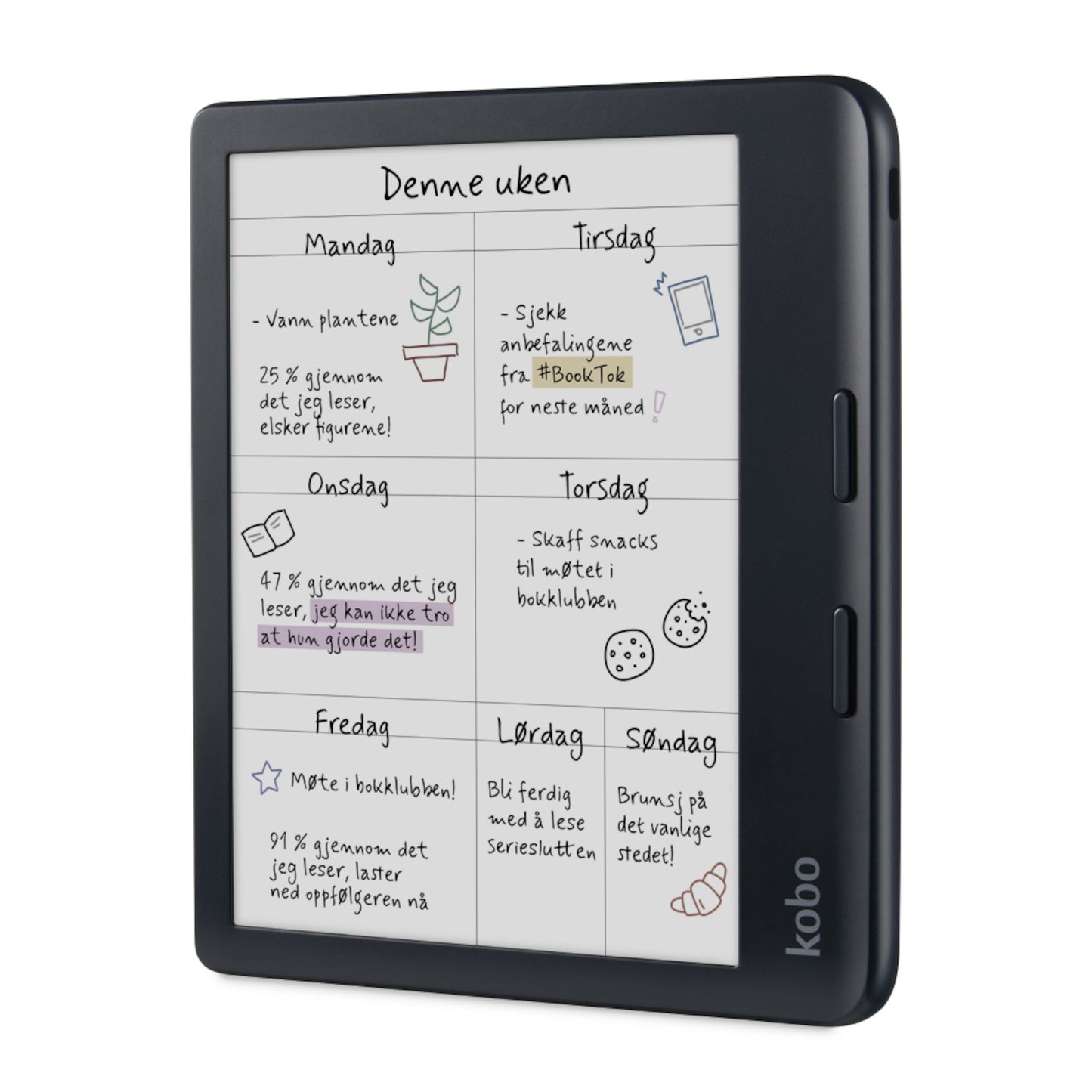 Kobo Libra Colour 7" sort e-læser med E Ink Kaleido 3, visning af håndskrevet ugeplan med ugedage og doodles, vinklet højre.