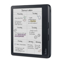 Kobo Libra Colour 7" sort e-læser med E Ink Kaleido 3, visning af håndskrevet ugeplan med ugedage og doodles, vinklet højre.