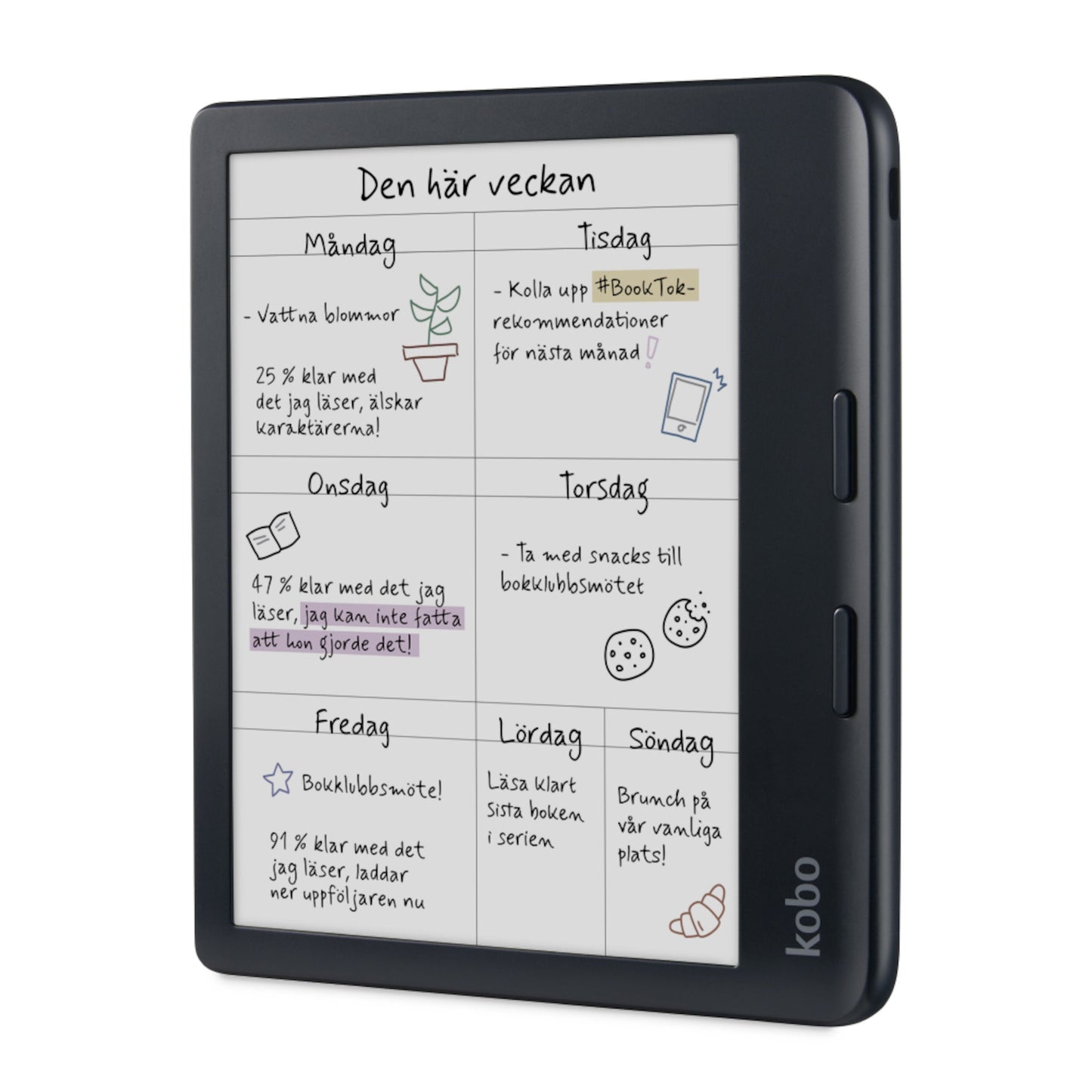 Kobo Libra Colour 7" sort læseplade med E Ink Kaleido 3-skærm viser svensk ugeplan med håndskrift og doodles.
