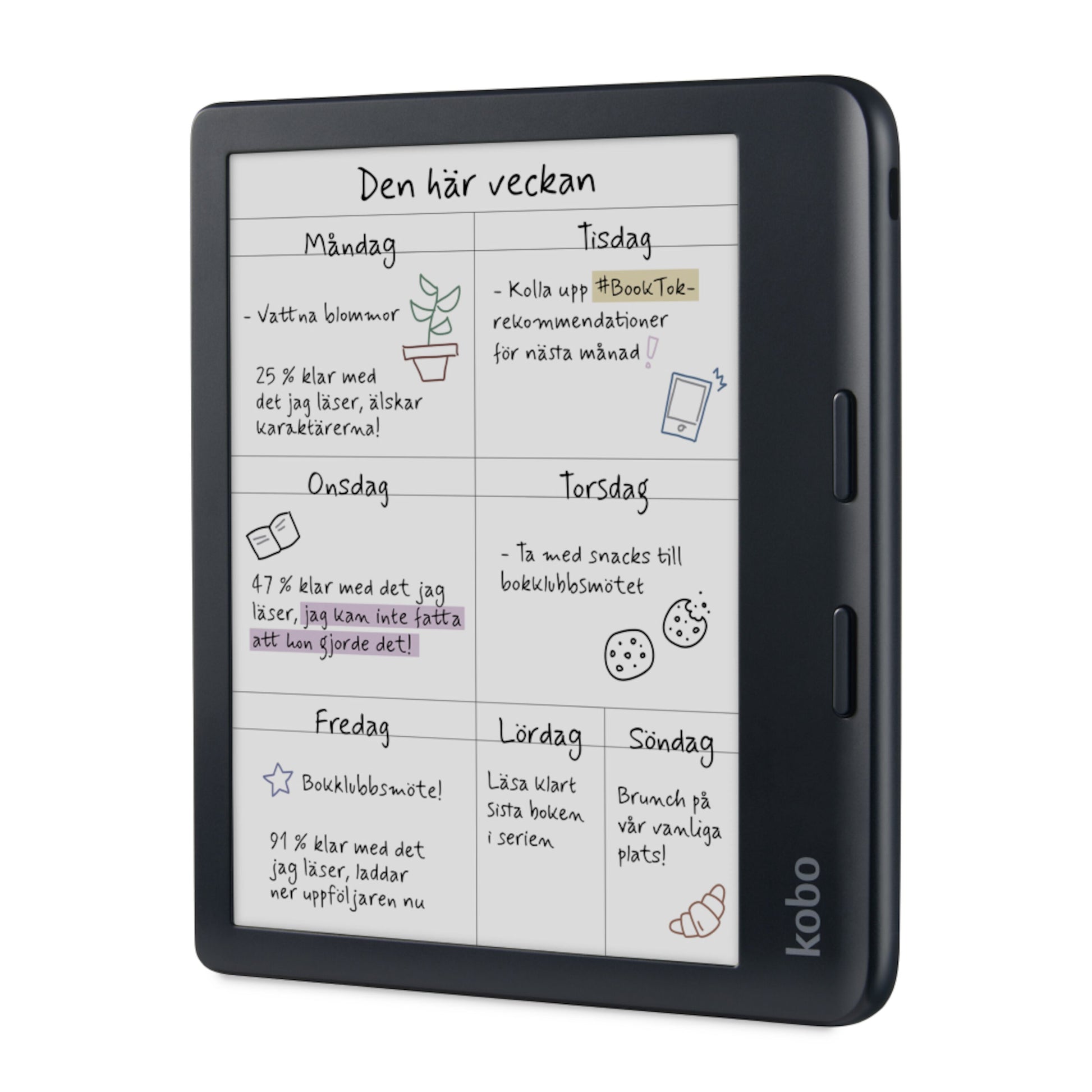 Kobo Libra Colour 7" sort læseplade med E Ink Kaleido 3-skærm viser svensk ugeplan med håndskrift og doodles.
