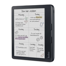 Kobo Libra Colour 7" sort læseplade med E Ink Kaleido 3-skærm viser svensk ugeplan med håndskrift og doodles.
