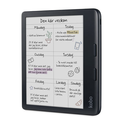 Kobo Libra Colour 7" sort læseplade med E Ink Kaleido 3-skærm viser svensk ugeplan med håndskrift og doodles.