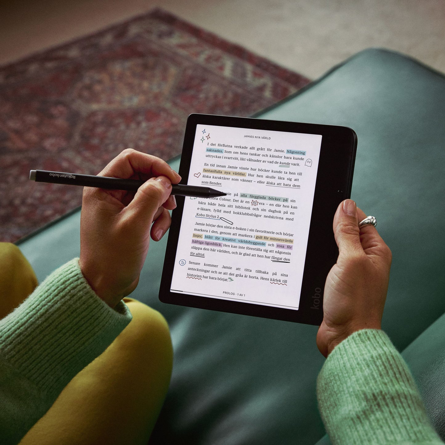 Kobo Libra Colour læseplade 7" Sort med E Ink Kaleido 3 skærm, svensk tekst og farvemarkering, brugt med Kobo Stylus 2.