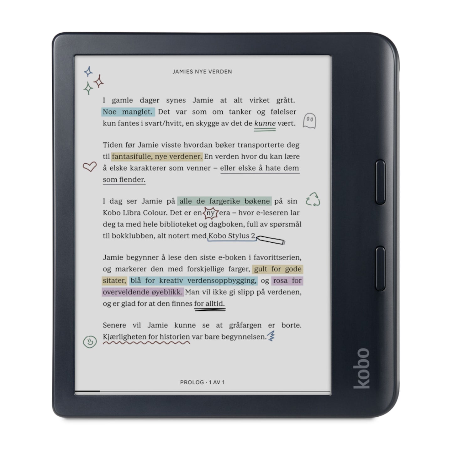 Kobo Libra Colour læseplade 7" sort med dansk tekst, farvede stjerner, hjerter og grøn/gul/lilla understregning E Ink Kaleido 3.