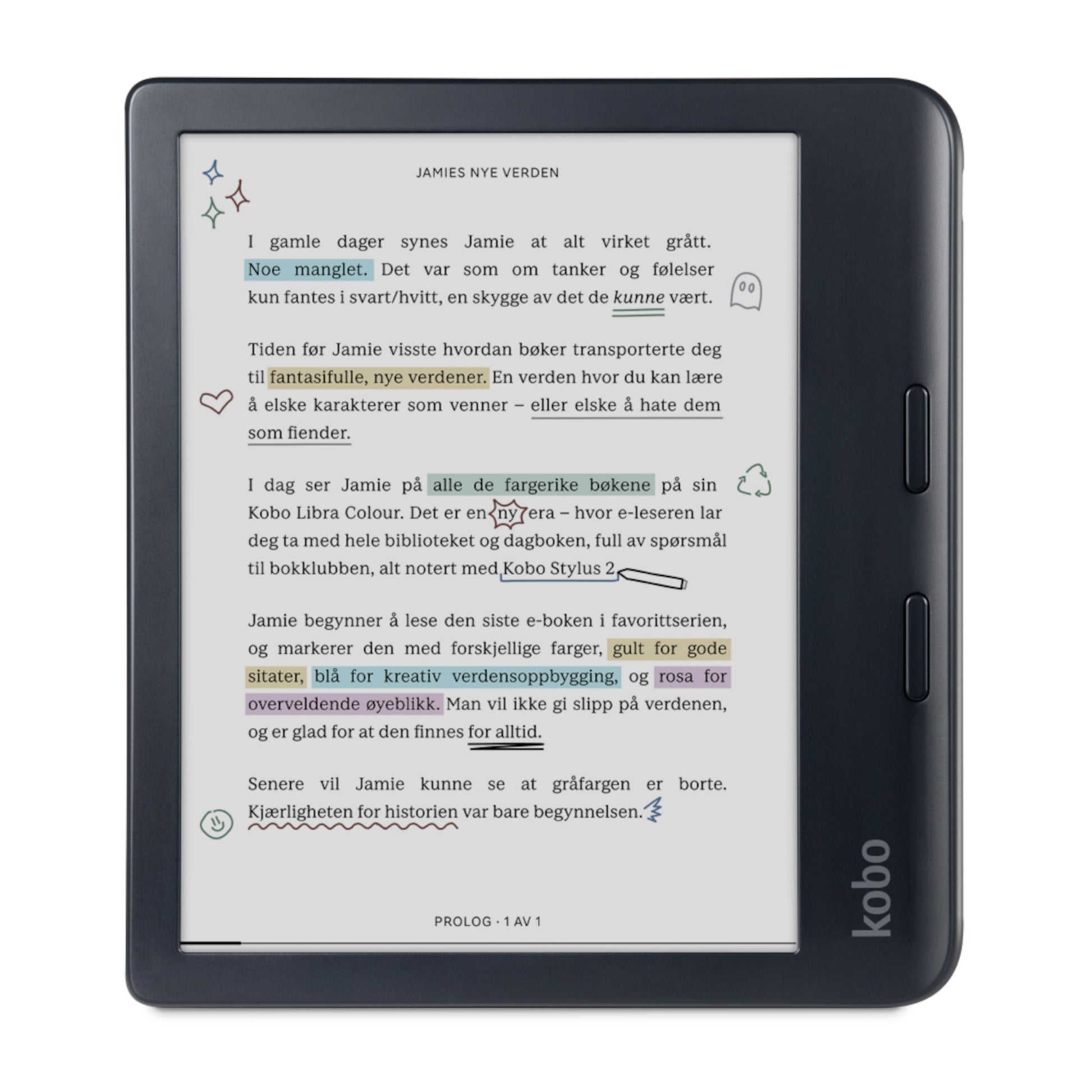 Kobo Libra Colour læseplade 7" sort med dansk tekst, farvede stjerner, hjerter og grøn/gul/lilla understregning E Ink Kaleido 3.