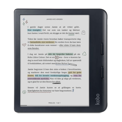 Kobo Libra Colour læseplade 7" sort med dansk tekst, farvede stjerner, hjerter og grøn/gul/lilla understregning E Ink Kaleido 3.