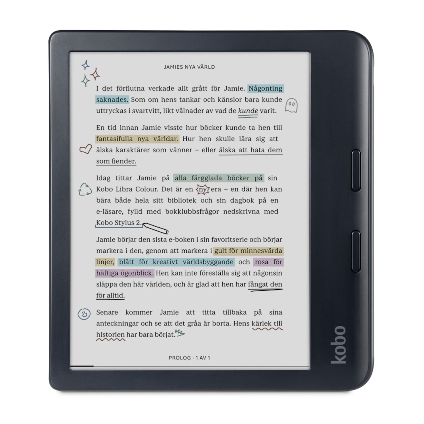 Kobo Libra Colour 7" sort e-bogslæser med E Ink Kaleido 3-skærm, fysiske sideknapper, tekstmarkeret i flere farver.