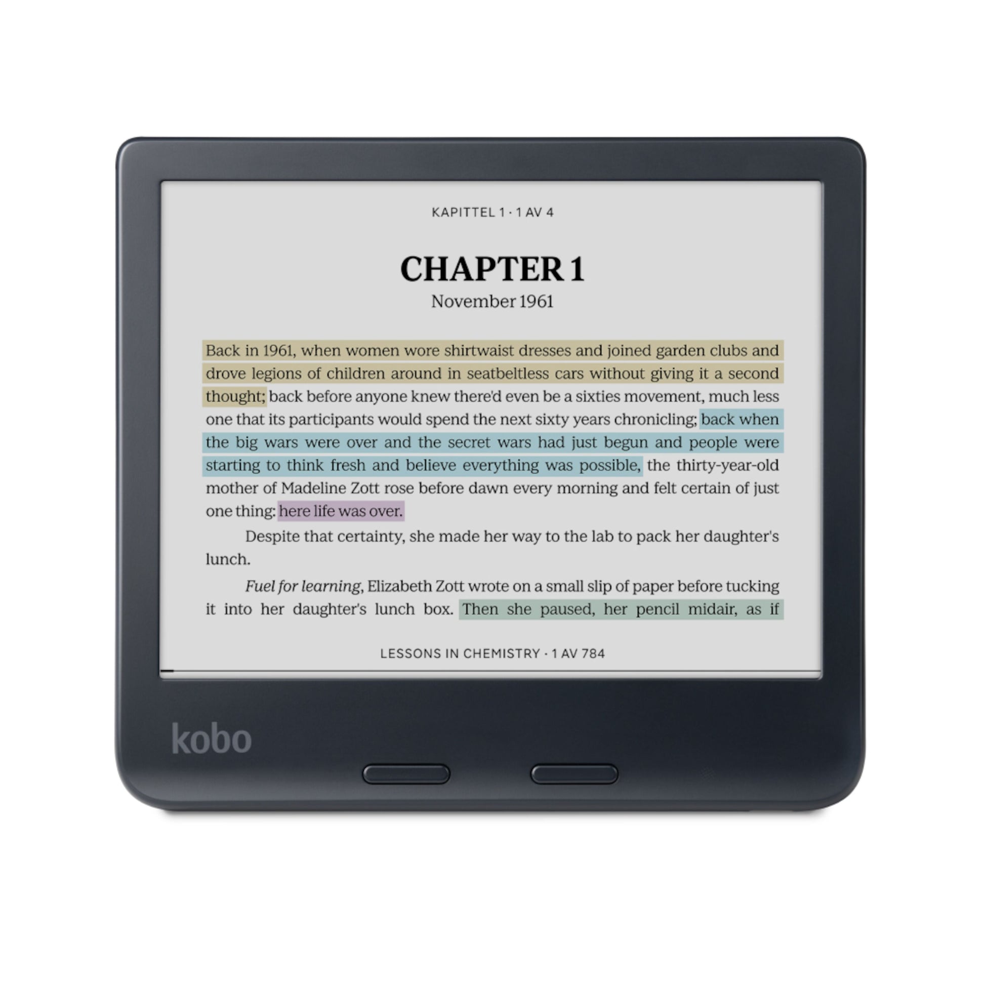 Kobo Libra Colour 7" sort e-bogslæser med E Ink Kaleido 3, Lessons in Chemistry vises med farvet tekstfremhævning.