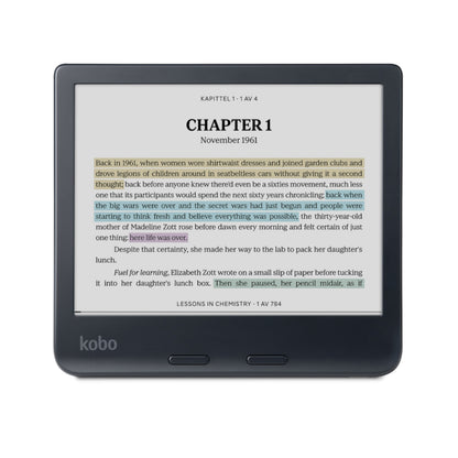 Kobo Libra Colour 7" sort e-bogslæser med E Ink Kaleido 3, Lessons in Chemistry vises med farvet tekstfremhævning.