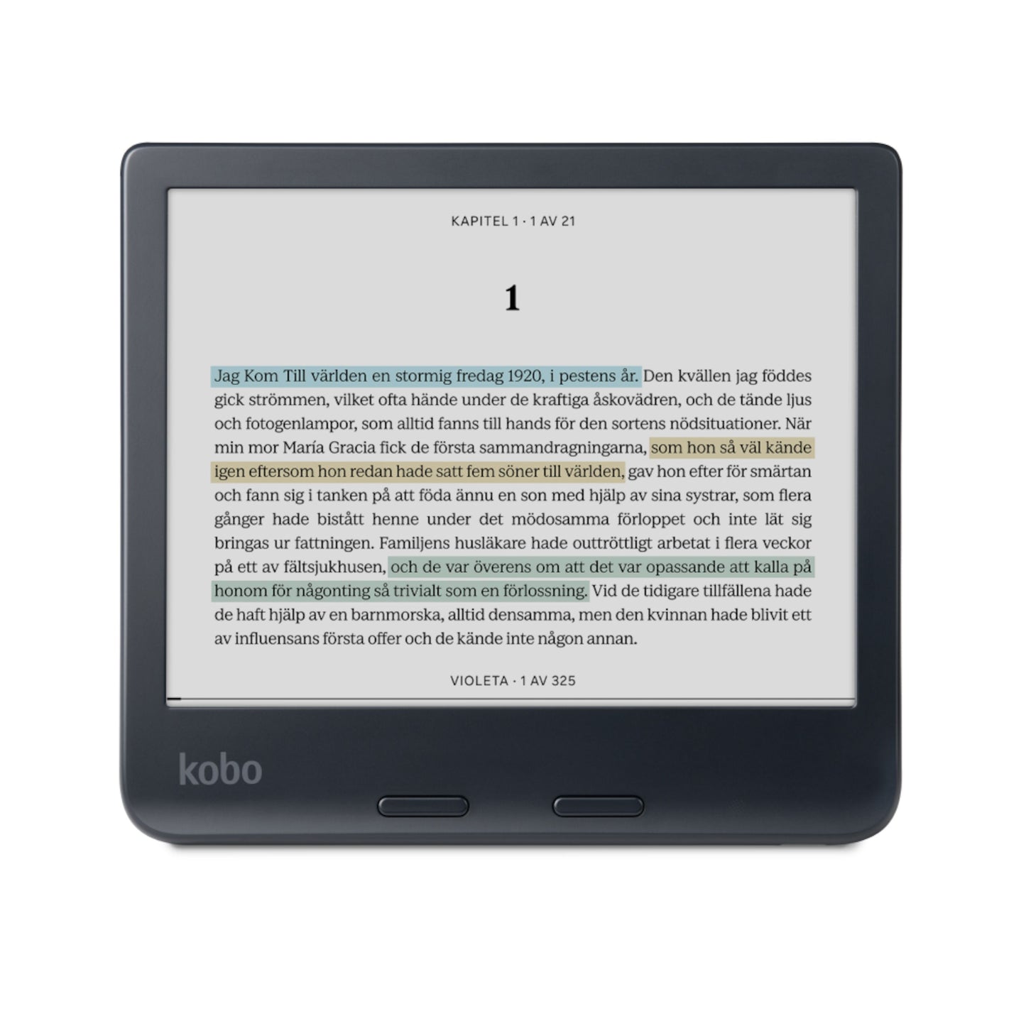 Kobo Libra Colour 7" sort læseplade, E Ink Kaleido 3, blåmarkering i svensk bogtekst, Kobo-logo under skærmen.