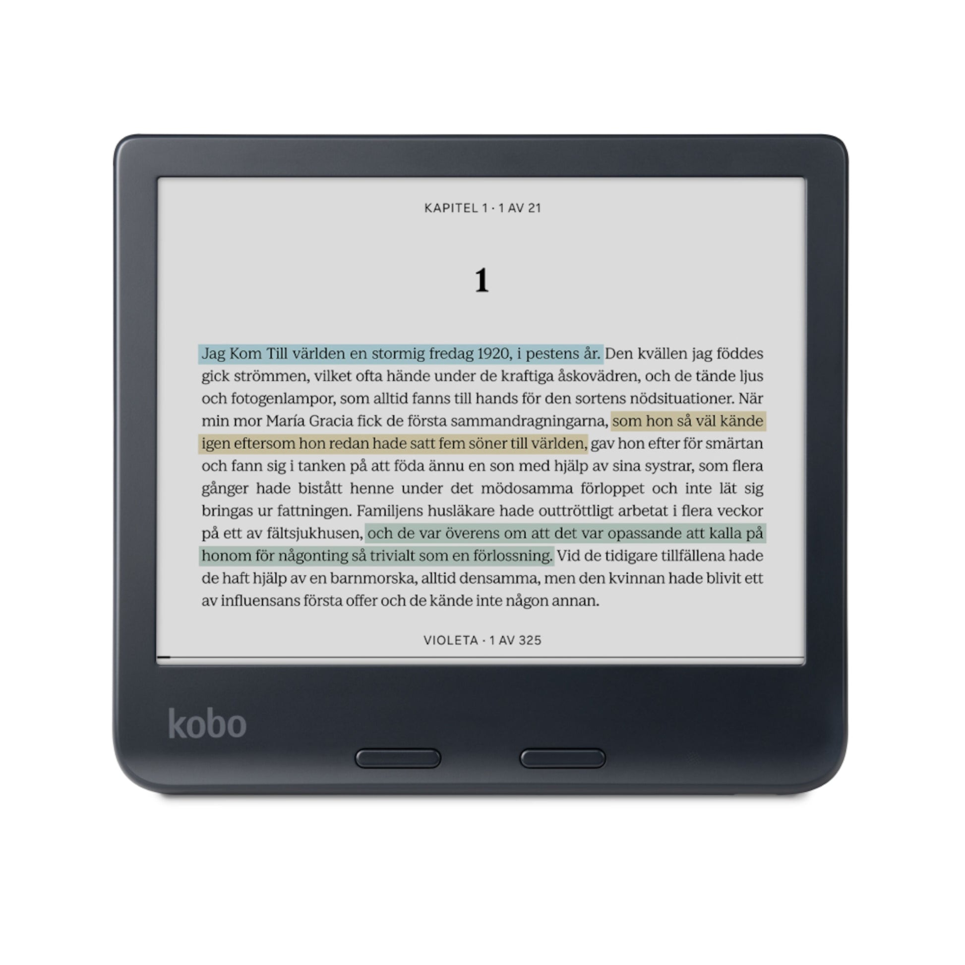 Kobo Libra Colour 7" sort læseplade, E Ink Kaleido 3, blåmarkering i svensk bogtekst, Kobo-logo under skærmen.