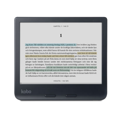 Kobo Libra Colour 7" sort læseplade, E Ink Kaleido 3, blåmarkering i svensk bogtekst, Kobo-logo under skærmen.