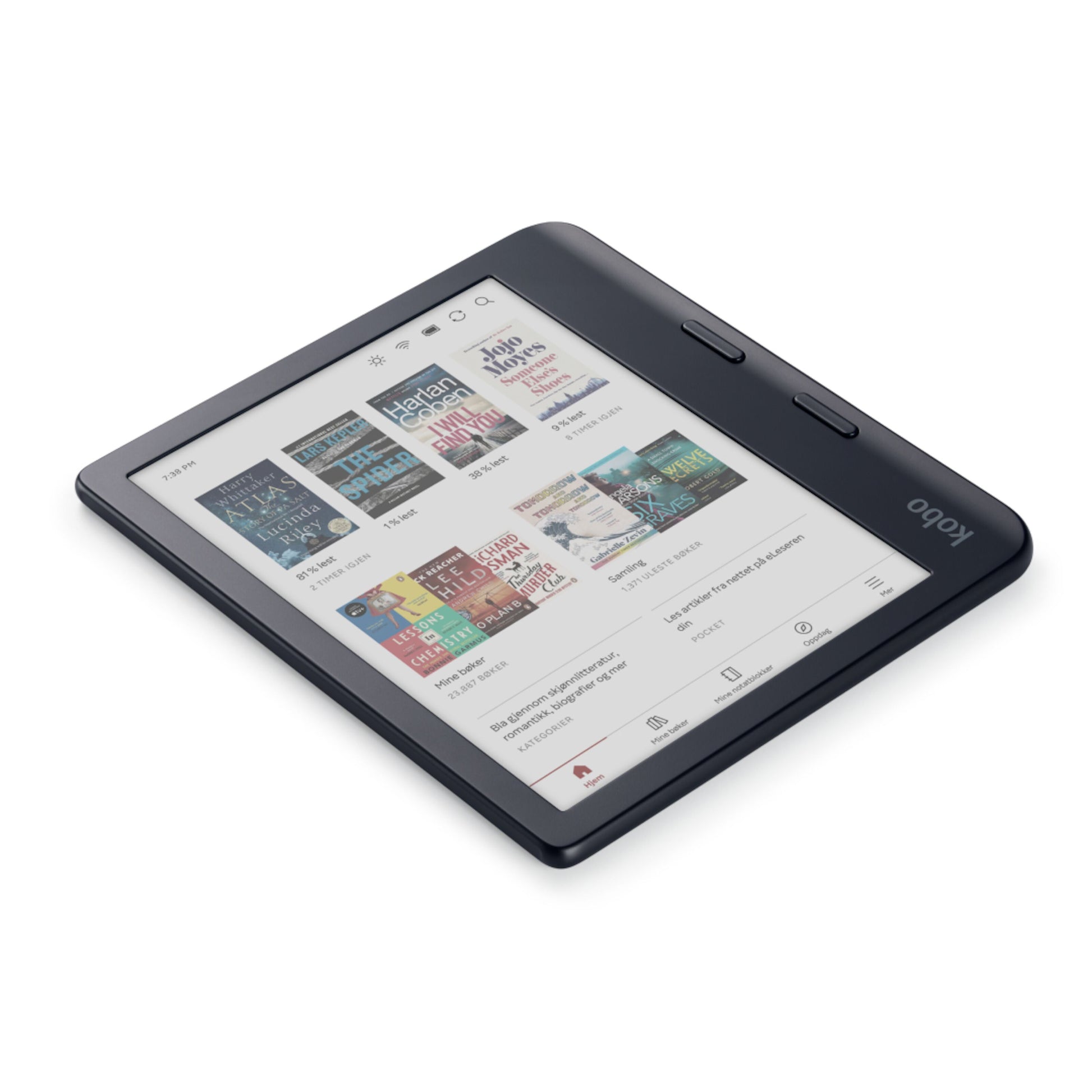 Kobo Libra Colour 7" sorterer e-bogslæsere med E Ink Kaleido 3, til sideknapper til højre, viser bogcovers og titler.