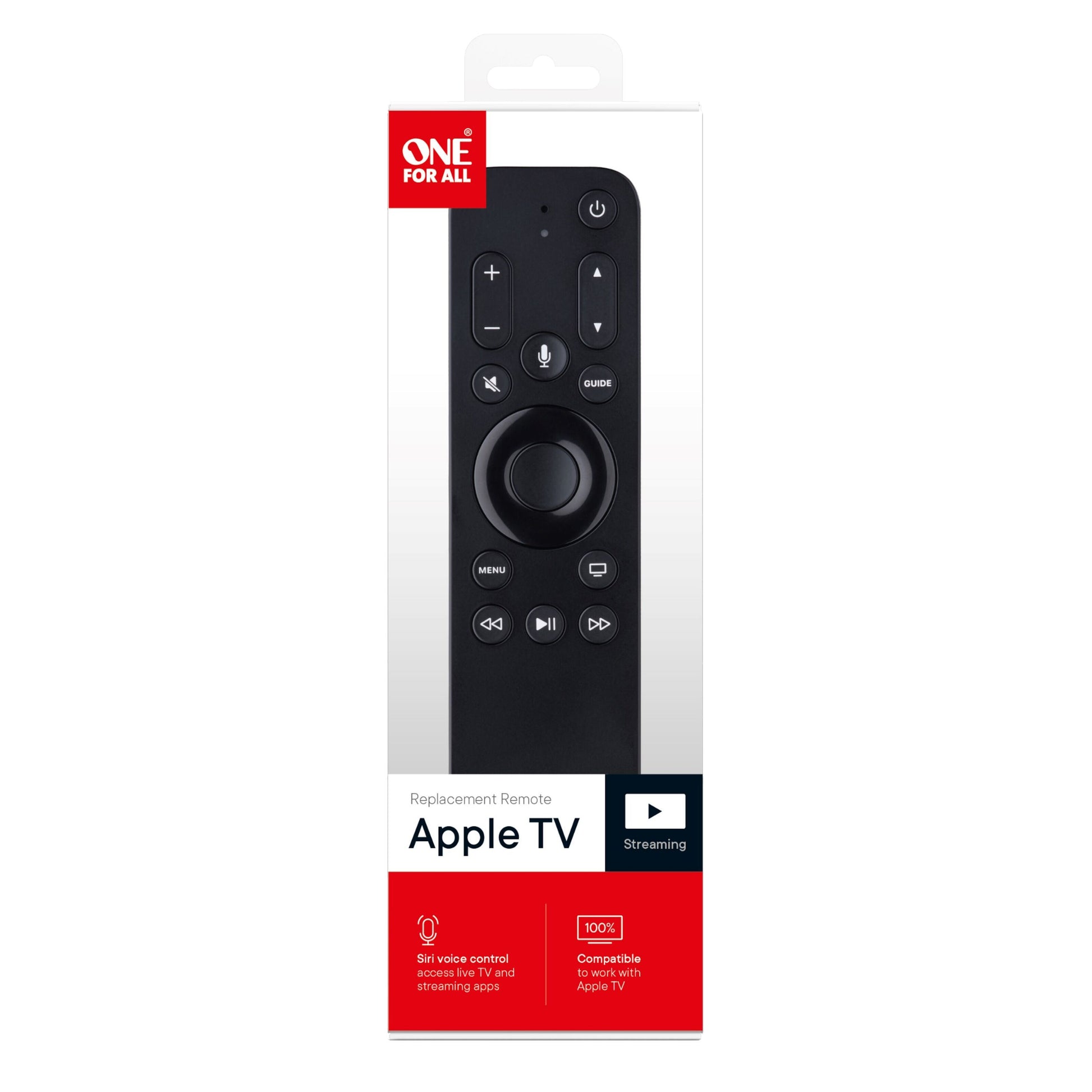 Apple TV-fjernbetjening med Siri-understøttelse og stemmestyring, sort, vises i original emballage med røde detaljer.