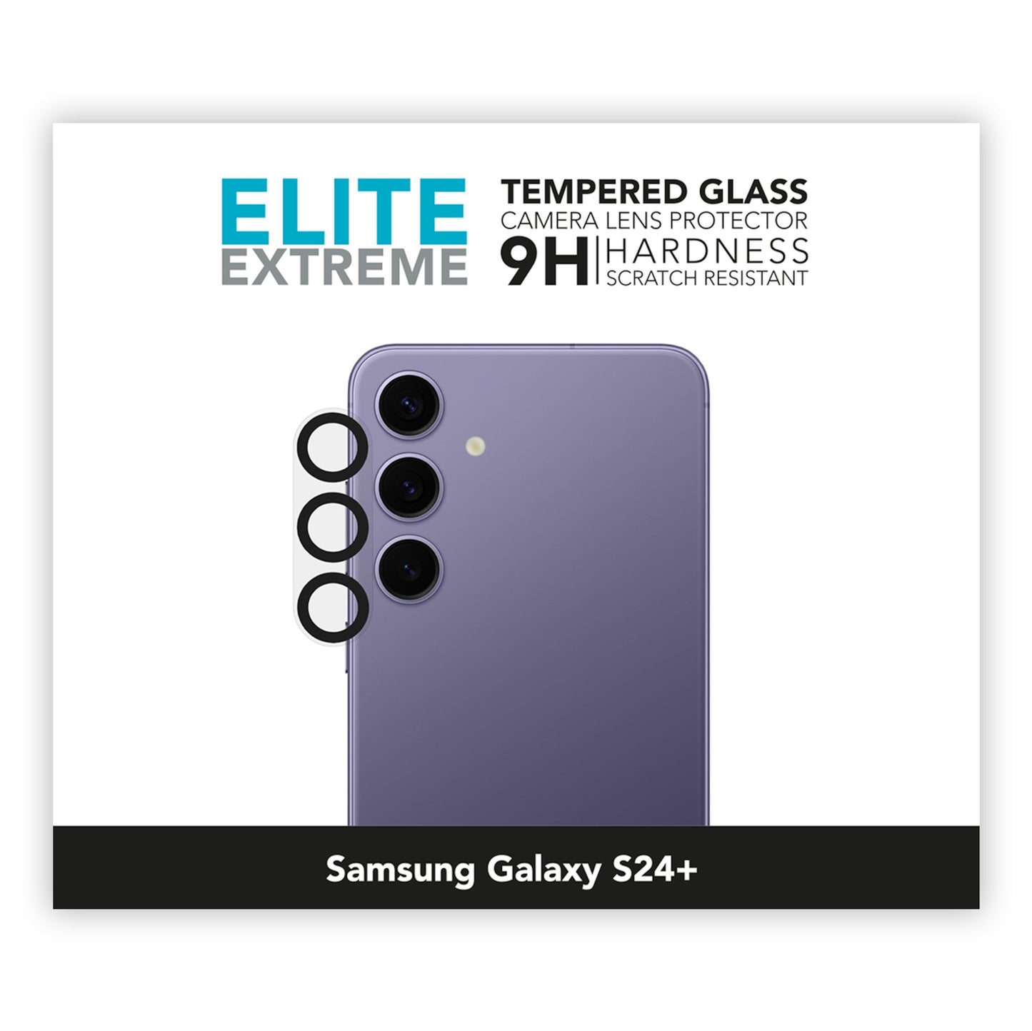 Samsung Galaxy S24+ med Linocell Elite Extreme kameralejebeskyttelse, 9H hårdhed og ridsefast glas.