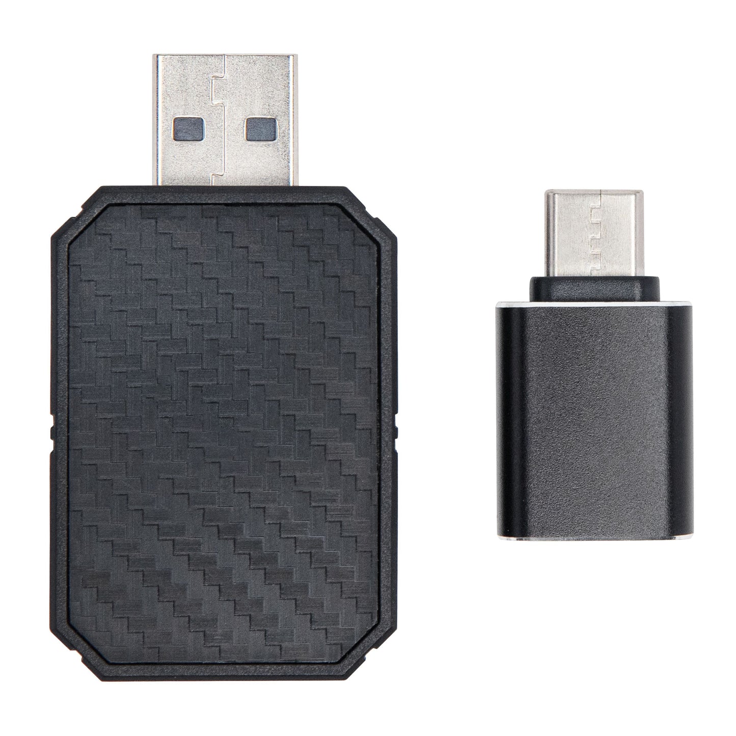 Linocell trådløs CarPlay og Android Auto-adapter med sort USB-A-flashdrev i kulfibertekstur.