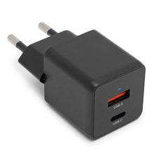 Linocell USB-C-oplader 33 W sort med GaN, to ben, én rød USB-A-port og én USB-C-port.