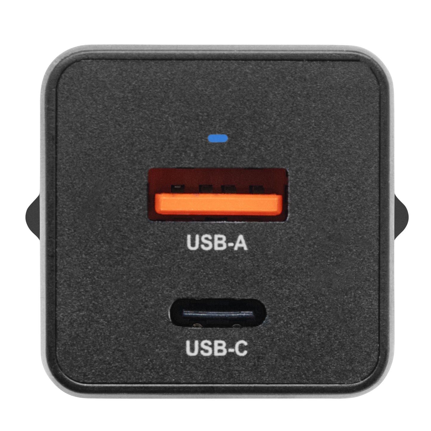 Linocell USB-C-oplader 33W sort med GaN, orange USB-A-port, sort USB-C-port (mærket), blå indikatorlys.