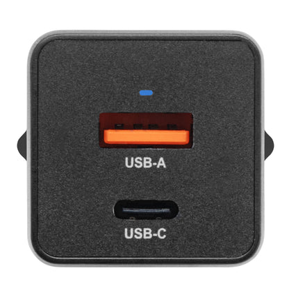 Linocell USB-C-oplader 33W sort med GaN, orange USB-A-port, sort USB-C-port (mærket), blå indikatorlys.