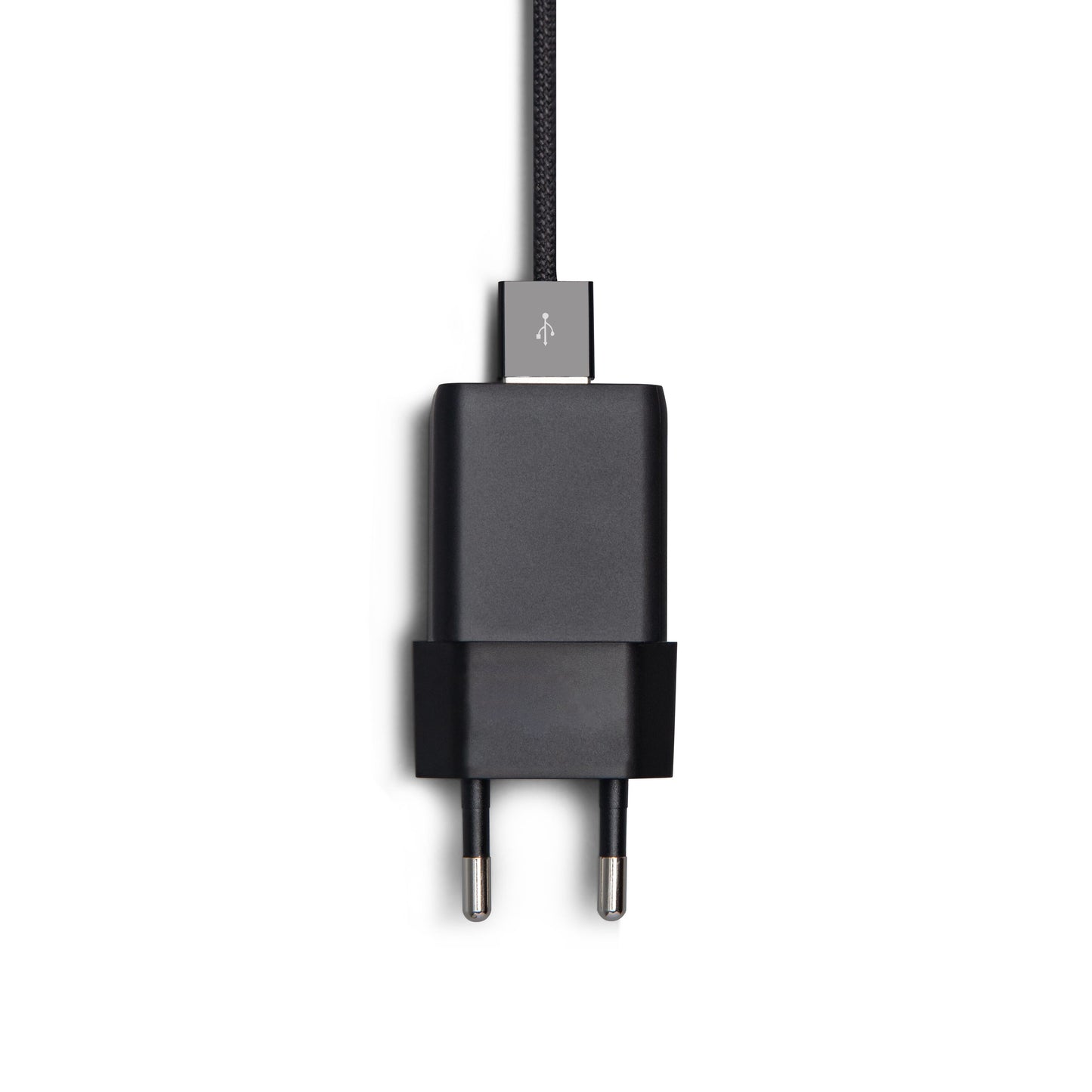 USB-C-oplader 33W sort med GaN-teknologi og flettet USB-C-kabel tilsluttet øverste port.
