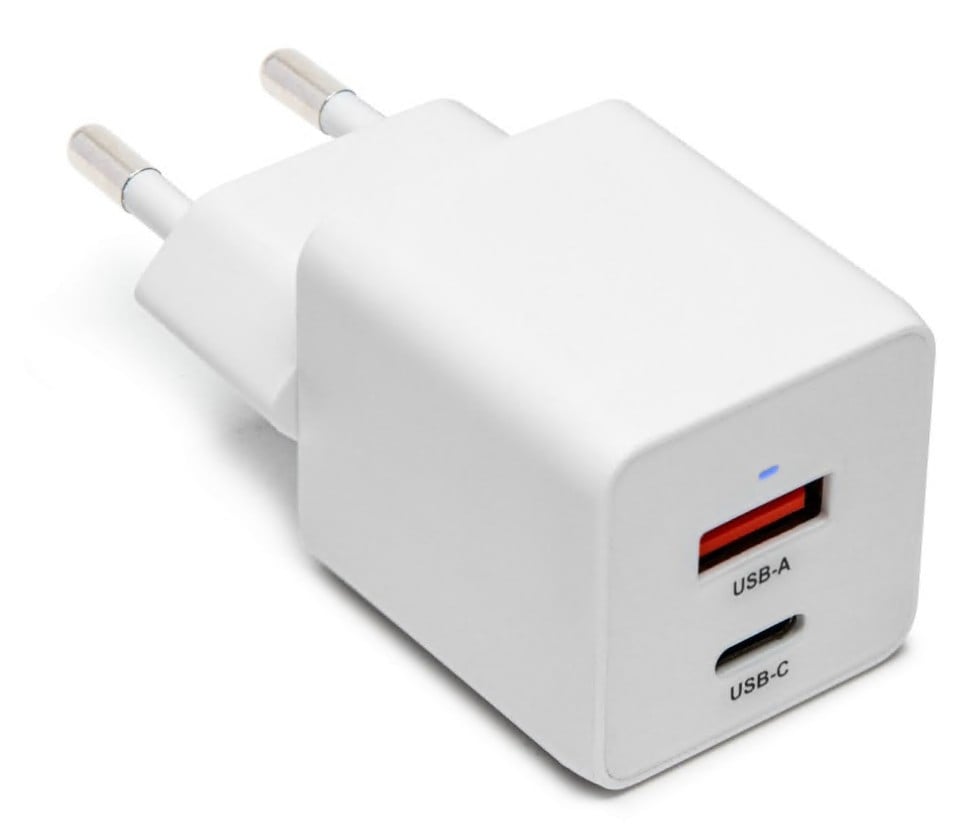 Linocell USB-C-oplader 33W PD hvid, to ben, rødmarkeret USB-A-port og USB-C-port.