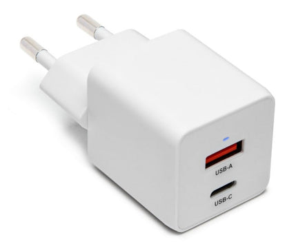 Linocell USB-C-oplader 33W PD hvid, to ben, rødmarkeret USB-A-port og USB-C-port.