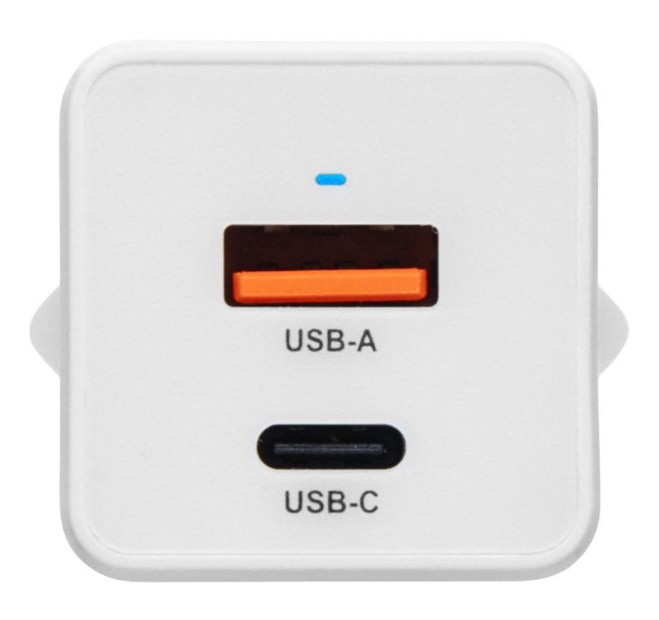 Linocell USB-C-oplader 33 W PD hvid, synlig USB-A over USB-C port, blå indikatorlampe.