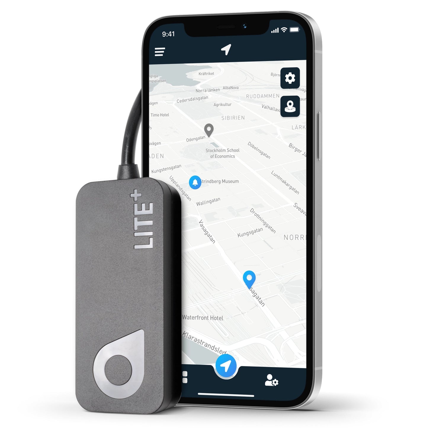 Swetrack Lite+ (Gen2) GPS sort, lavt strømforbrug, realtidssporing, rundt logo nederst til venstre, tilsluttet smartphone.