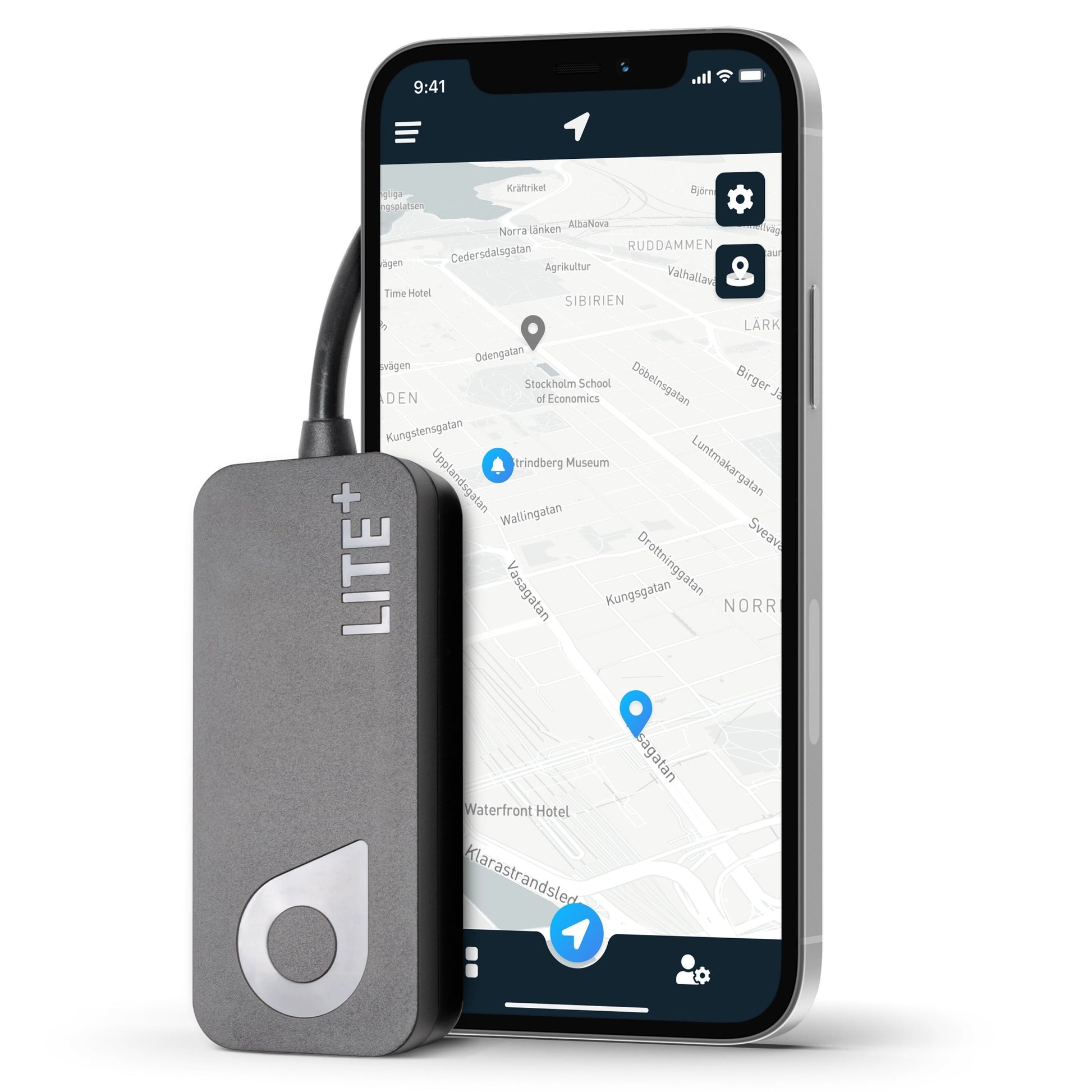 Swetrack Lite+ (Gen2) GPS sort, lavt strømforbrug, realtidssporing, rundt logo nederst til venstre, tilsluttet smartphone.