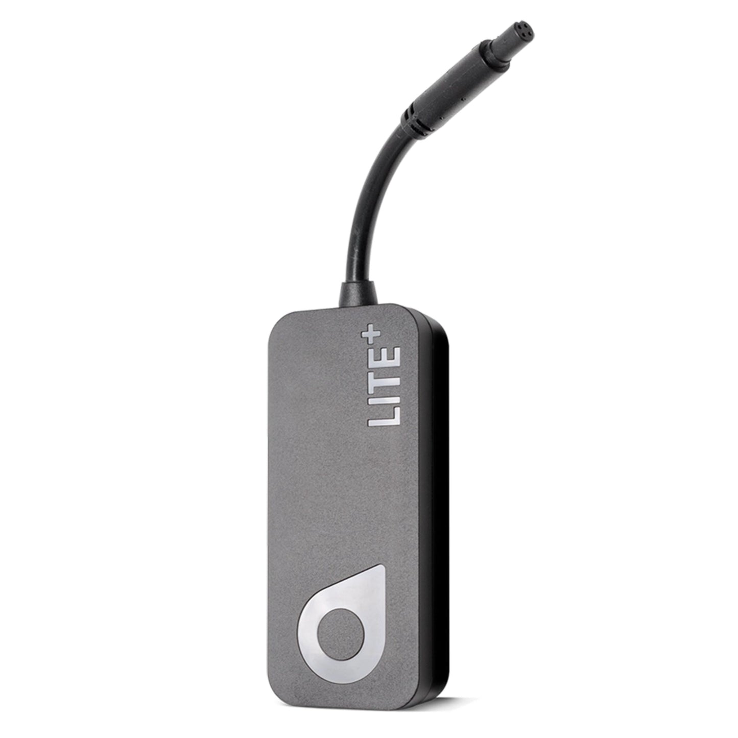 Swetrack Lite+ Gen2 GPS-tracker, sort, LITE+-label, kort fleksibelt kabel med rundt stik, sølvlogo nederst foran.