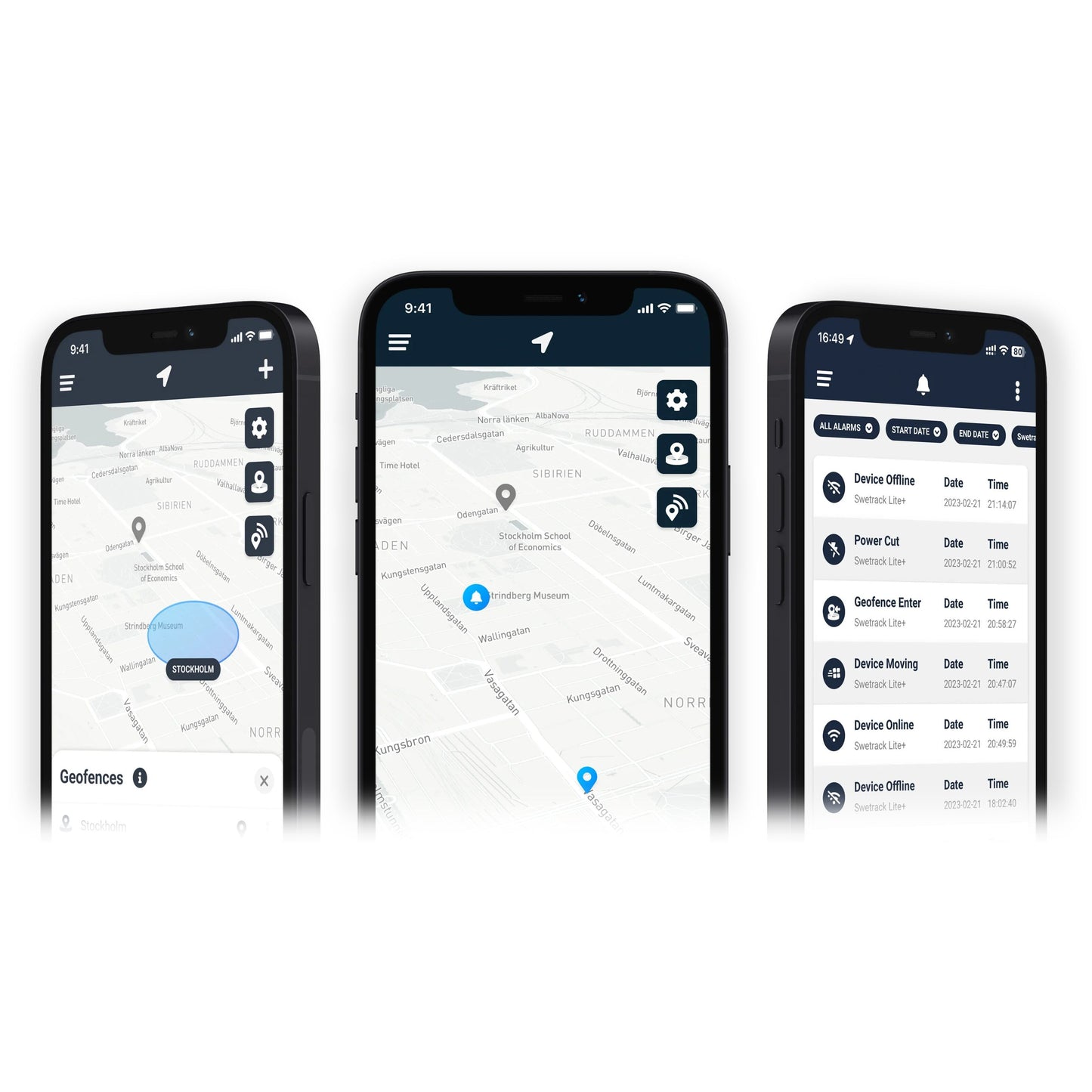 Tre smartphones med Maxi+ Tracker-app, to viser kort med geofences/markører, én viser realtidssporing og batterialarm.